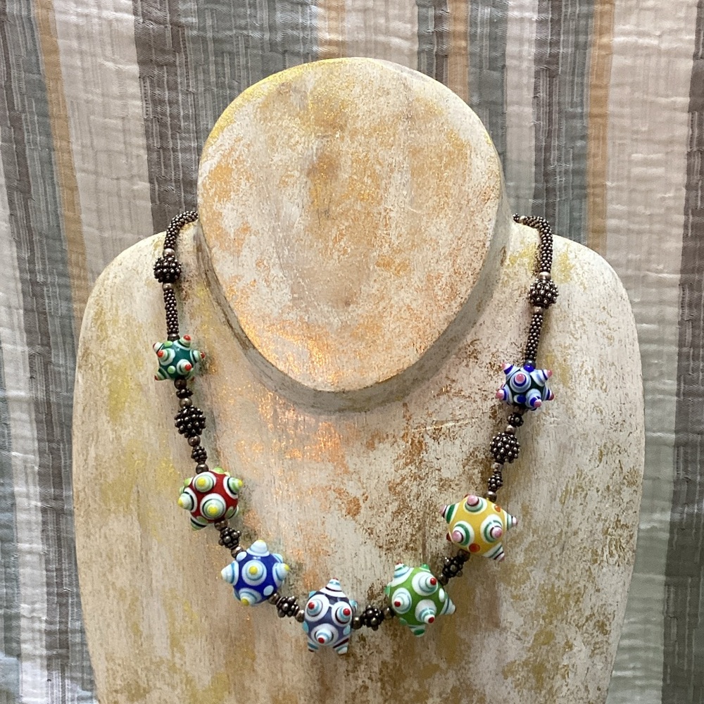 Lampwork glass bead silvertone necklace bold funky Bohemian artsy maximalist
